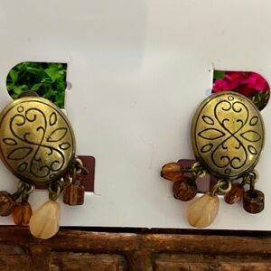 Napier Vintage Gold and Brown Dangle Clip On Screw Back Earrings